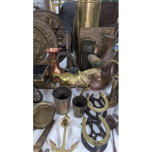 539 - A mixed lot of metalware to include a brass model of a horse and carriage A/F, brass and copper kett... 