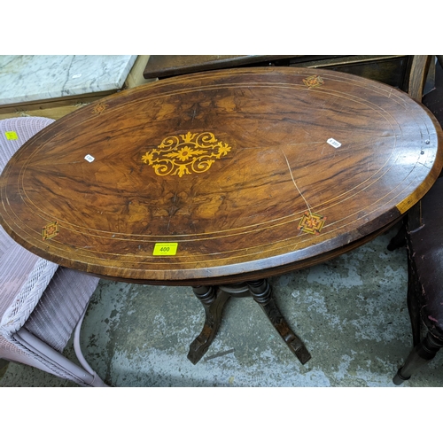 400 - Victorian inlaid walnut occasional table, quarter veneered oval top with floral, marquetry and strin... 