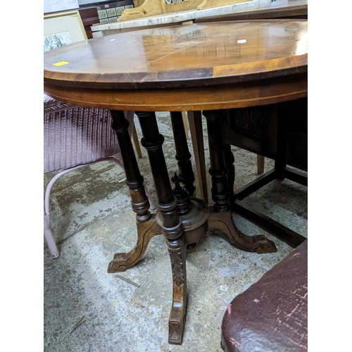 400 - Victorian inlaid walnut occasional table, quarter veneered oval top with floral, marquetry and strin... 