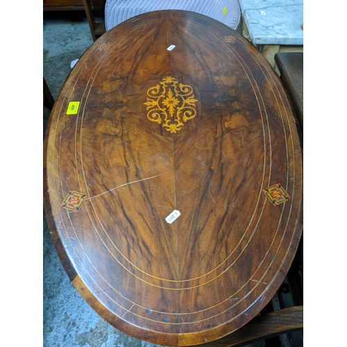 400 - Victorian inlaid walnut occasional table, quarter veneered oval top with floral, marquetry and strin... 