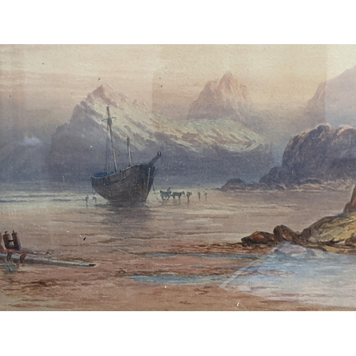 547 - A watercolour on board depicting a tidal seascape of figures, include a horse and cart unloading a s... 