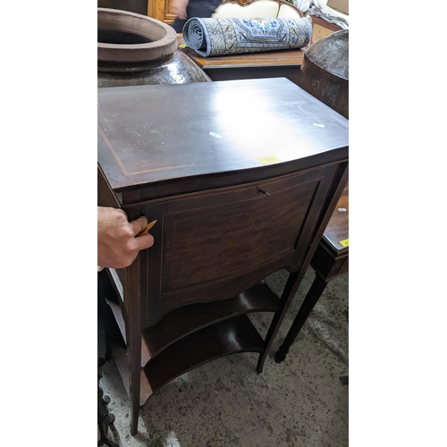 525 - Edwardian inlaid mahogany ladies writing desk, slightly serpentine fronted, fall flap revealing a fi... 