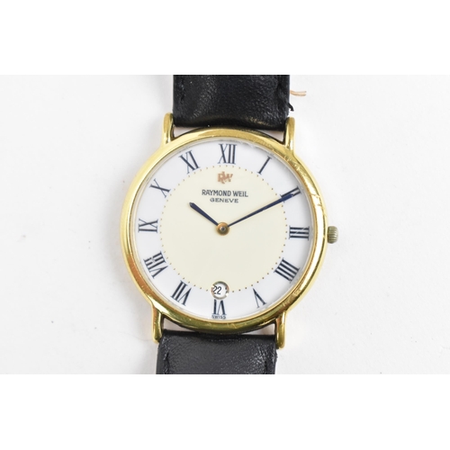 100 - A Raymond Weil, quartz, gents, 18ct gold plated wristwatch, the two tone dial having Roman numerals ... 