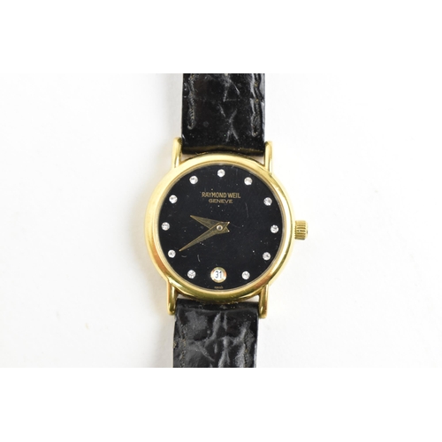 100A - A Raymond Weil, quartz, ladies, 18ct gold plated wristwatch, the black dial having diamond hour mark... 