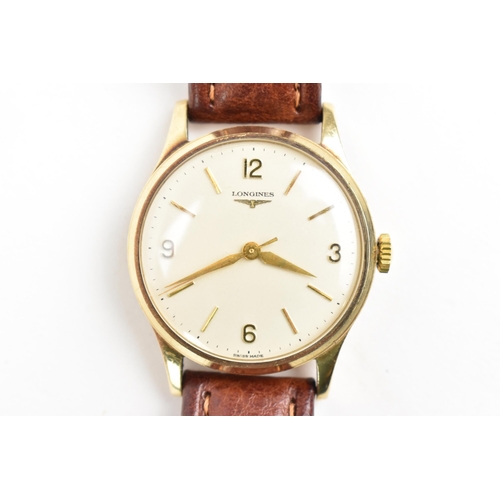 99 - A Longines, manual wind, gents, 9ct gold wristwatch, circa 1959, the dial having gilt baton markers ... 