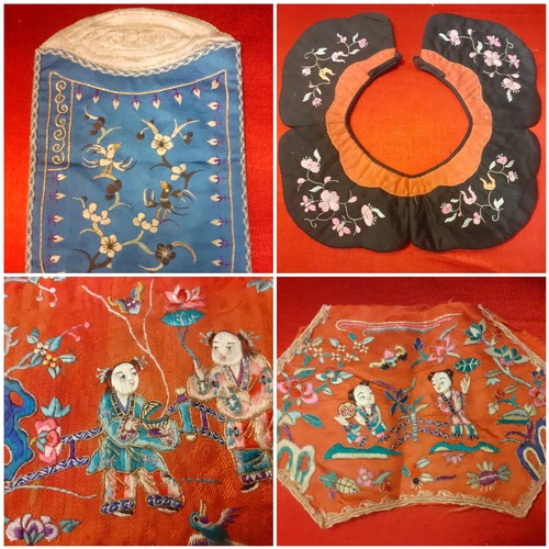 36 - A small group of early 20th Century Chinese embroidered panels and clothing accessories comprising a... 