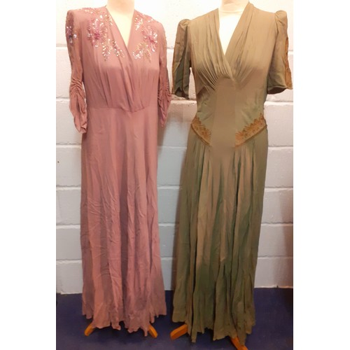 37 - Circa 1940's, ladies full length handmade dresses with sequin and embroidered detail, approx 38