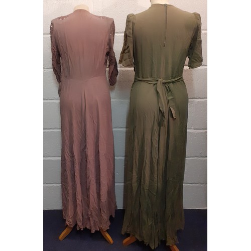 37 - Circa 1940's, ladies full length handmade dresses with sequin and embroidered detail, approx 38