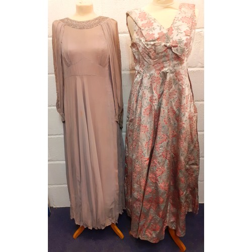 37 - Circa 1940's, ladies full length handmade dresses with sequin and embroidered detail, approx 38