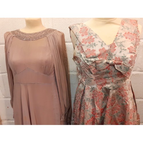 37 - Circa 1940's, ladies full length handmade dresses with sequin and embroidered detail, approx 38