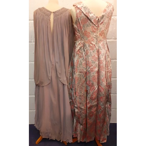 37 - Circa 1940's, ladies full length handmade dresses with sequin and embroidered detail, approx 38