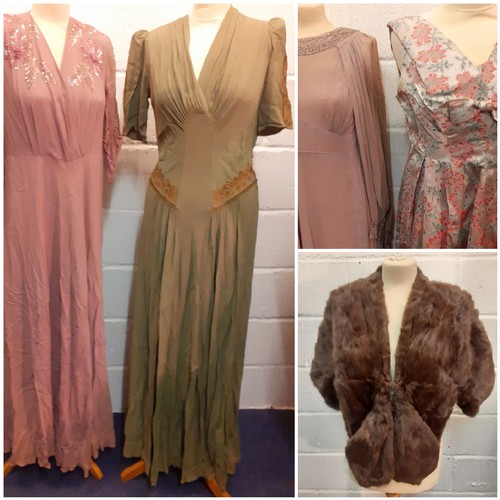 37 - Circa 1940's, ladies full length handmade dresses with sequin and embroidered detail, approx 38