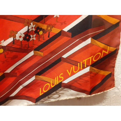 3 - Louis Vuitton-A red silk scarf depicting a Parisian cityscape scene with additional brown,, black, c... 