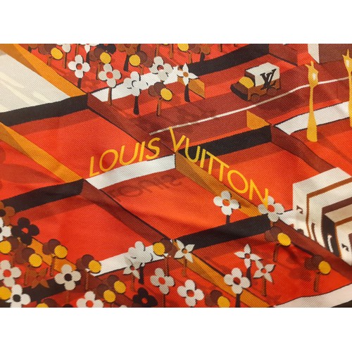 3 - Louis Vuitton-A red silk scarf depicting a Parisian cityscape scene with additional brown,, black, c... 