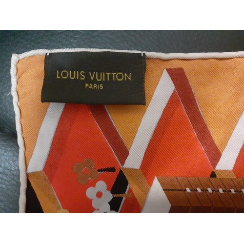 3 - Louis Vuitton-A red silk scarf depicting a Parisian cityscape scene with additional brown,, black, c... 