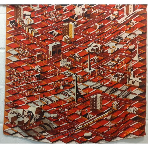 3 - Louis Vuitton-A red silk scarf depicting a Parisian cityscape scene with additional brown,, black, c... 