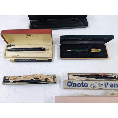 26 - Mixed writing equipment to include a boxed De La Rue Onoto fountain pen, a letter opener with an ena... 