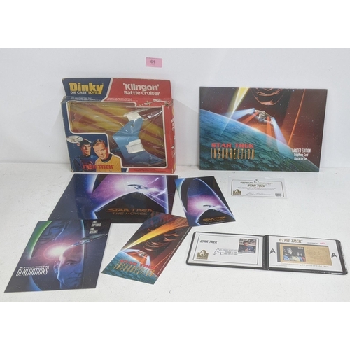 61 - Star Trek collectables to include; a Dinky die cast ' Klingon' Battle cruiser (boxed) Star Trek Insu... 