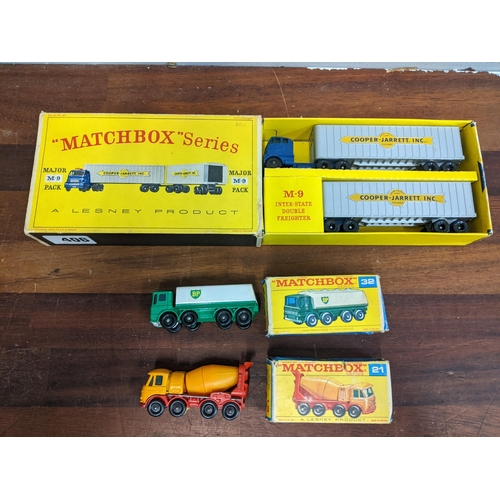 72 - Three boxed matchbox die cast model vehicles by lesney to include a M-9 inter state doubles freighte... 