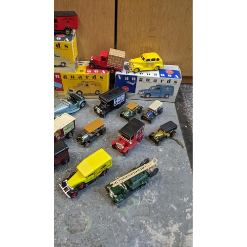 81 - A mixed lot of die cast model vehicles to include four boxed 1.43 scale vaguards. Various lead ' day... 