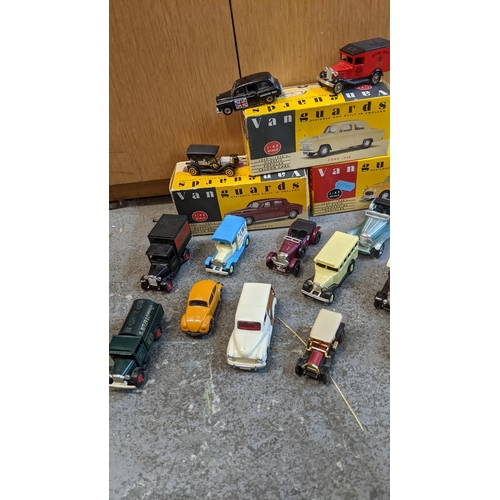 81 - A mixed lot of die cast model vehicles to include four boxed 1.43 scale vaguards. Various lead ' day... 