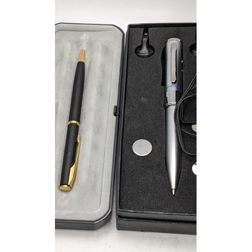 9 - A black and gold boxed Parker ball point pen and a boxed FM radio pen with batteries and headphones,... 