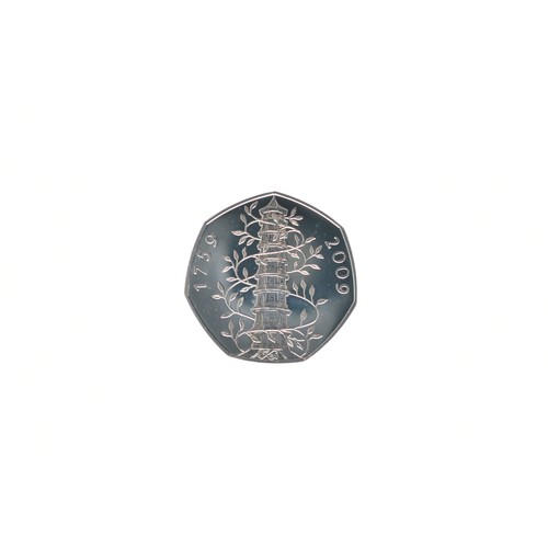 United Kingdom - Elizabeth II (1952-2022), 2009 50 Pence, 250th anniversary of Royal Botanical Gardens at Kew. Fourth crowned portrait of HM Queen Elizabeth II right, wearing the Girls of Great Britain and Ireland tiara, legend around. / A design showing the pagoda of the Royal Botanical Gardens encircled by a vine and flanked by dates. Brilliant Uncirculated Mintage: 128 364Location:CAB4
If there is no condition report shown, please request