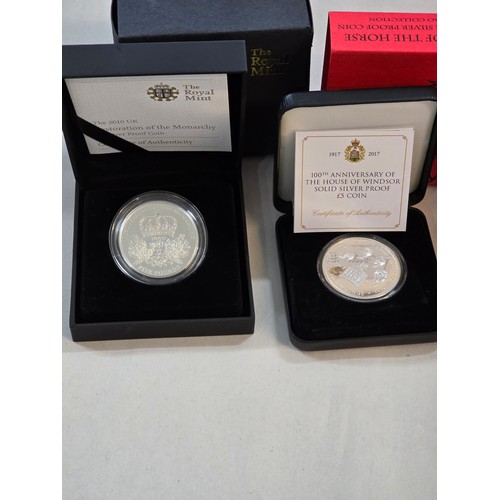 139 - A collection of five Silver Proof £5 and 1oz Silver Coins to include 2009 Henry VIII, 2010 Restorati... 