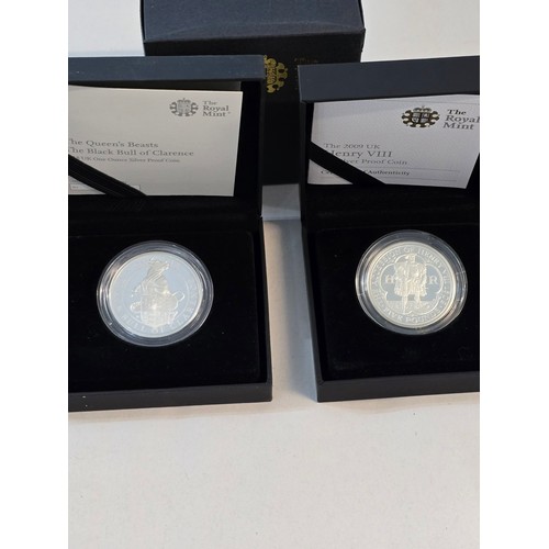 139 - A collection of five Silver Proof £5 and 1oz Silver Coins to include 2009 Henry VIII, 2010 Restorati... 