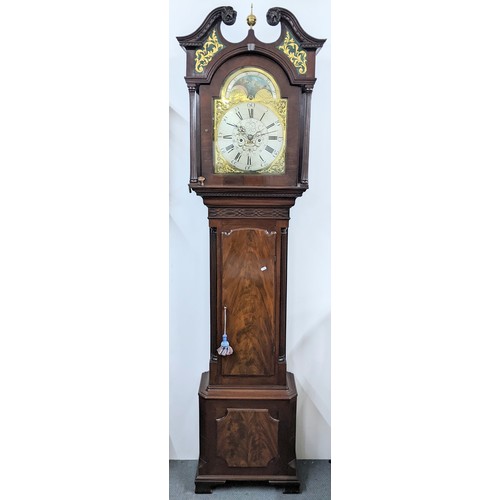 89A - A George III mahogany 8 day longcase clock, the case having a broken swan neck pediment with painted... 