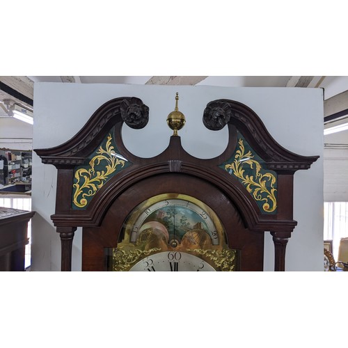 89A - A George III mahogany 8 day longcase clock, the case having a broken swan neck pediment with painted... 