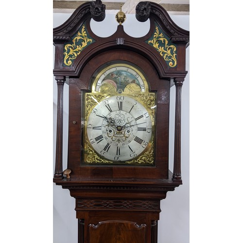 89A - A George III mahogany 8 day longcase clock, the case having a broken swan neck pediment with painted... 