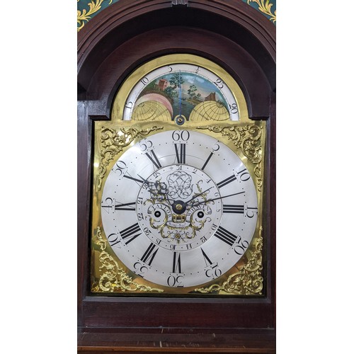 89A - A George III mahogany 8 day longcase clock, the case having a broken swan neck pediment with painted... 