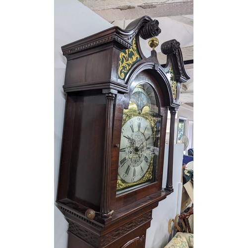 89A - A George III mahogany 8 day longcase clock, the case having a broken swan neck pediment with painted... 