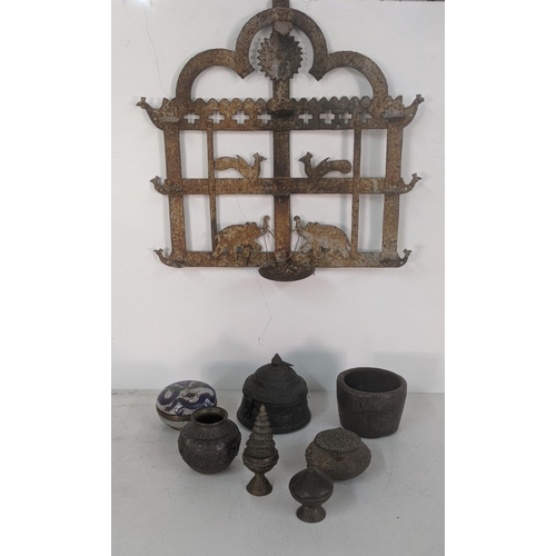 404 - A mixed lot to include an Indian iron hand crafted wall hanging oil lamp decorated with elephants an... 