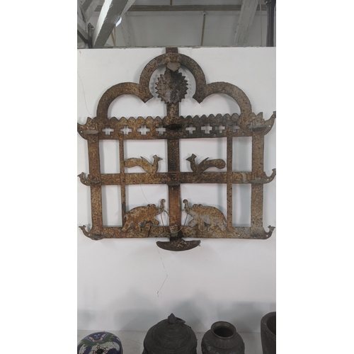 404 - A mixed lot to include an Indian iron hand crafted wall hanging oil lamp decorated with elephants an... 