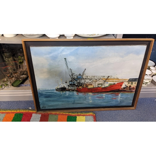 412 - A mixed lot to include an air twist decorated cane, A Page Poole Harbour oil on canvas, drinking gla... 