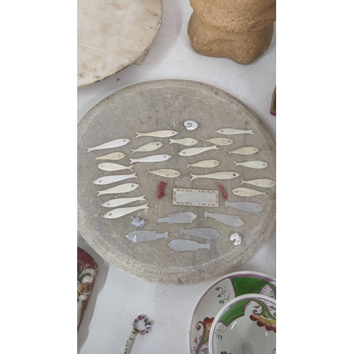 427 - A mixed lot to include Chinese mother of pearl and bone game counters together with Chapati stones, ... 