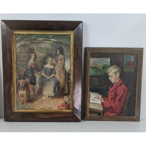 428 - A 19th century watercolour interior scene depicting three children and a dog in a rosewood frame, in... 