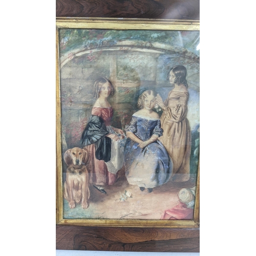 428 - A 19th century watercolour interior scene depicting three children and a dog in a rosewood frame, in... 