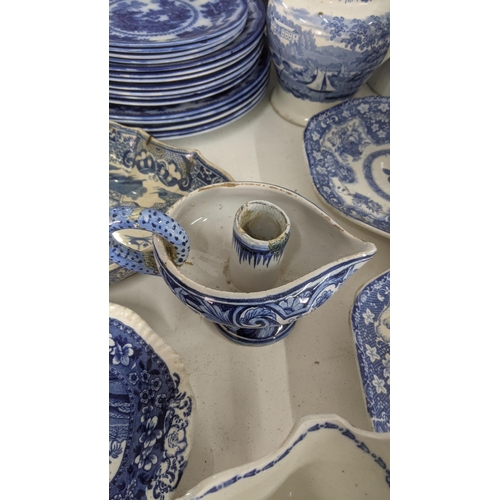 434 - Mainly 19th century blue and white ceramics to include a gravy boat, platters, masonic candlestick h... 