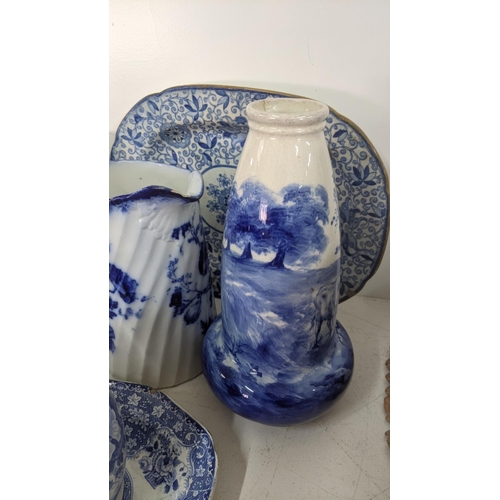 434 - Mainly 19th century blue and white ceramics to include a gravy boat, platters, masonic candlestick h... 