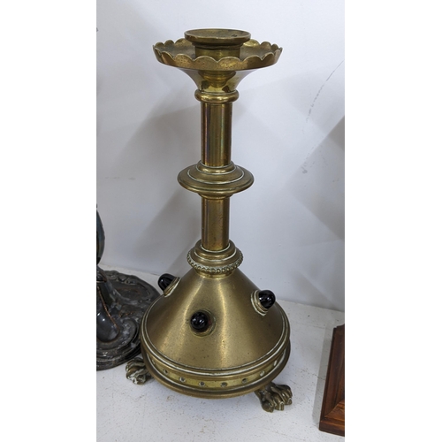 469 - A mixed lot to include an early 20th century Junghans clock, gilt candlestick inset with red cabocho... 