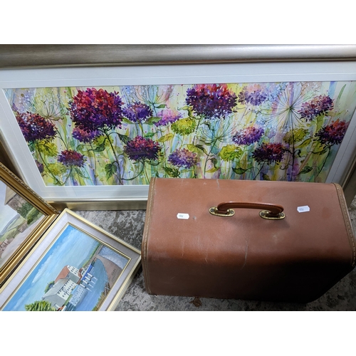 439 - A mixed lot of pictures, Singer sewing machine model 239M A cased, and a metal garden border feature... 