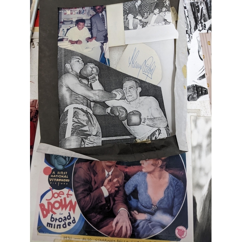 446 - A mixed lot of film, theatre and sporting memorabilia to include press photographs, lobby cards, the... 