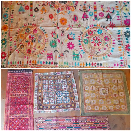 75 - A group of traditional Indian Banjara and other hand embroidered panels with mirrored circle and tri... 