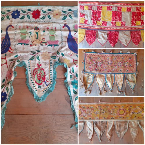 91 - A group of 5 mid 20th Century Indian hand-sewn window valances and Toran door hangings in various si... 