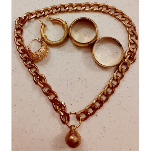 Gold coloured jewellery to include a large flat curb link bracelet, a thick gauge ring and another along with two earrings
Location: CAB 1
If there is no condition report shown, please request