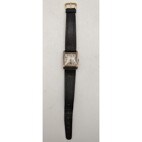 260 - An Art Deco gents silver cased Tank style wristwatch, on a black leather strap

Location: CAB
If the... 