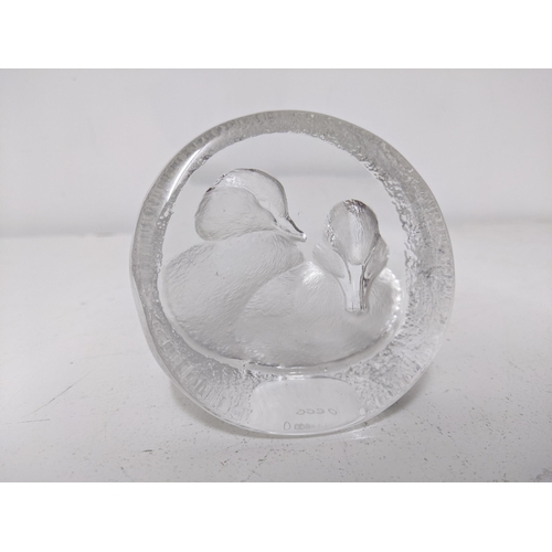 92 - A Mats Jonasson Signature Collection Swedish glass paperweight, decorated with two ducklings, signed... 